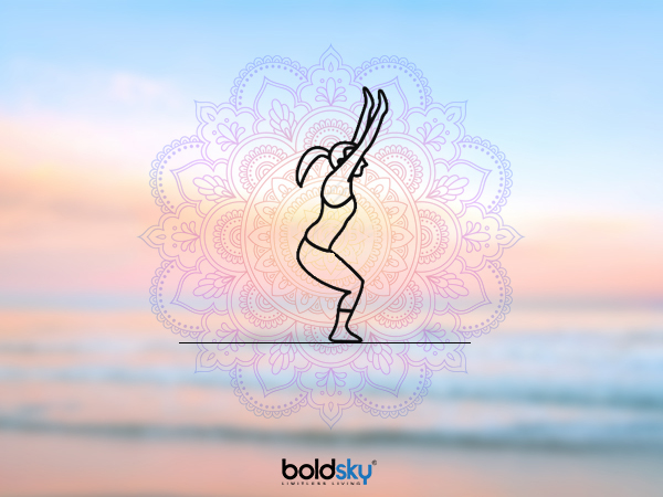 1. உட்கடாசனம் அல்லது நாற்காலியில் அமா்ந்திருக்கும் நிலை (​Utkatasana)