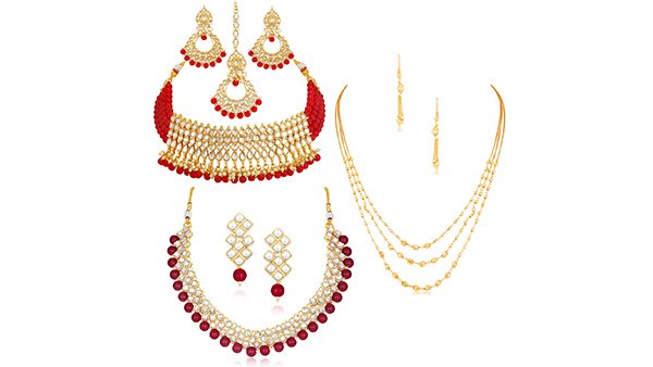 சுகி சென்சேஷனல் முத்து தங்கம் பூசப்பட்ட குந்தன் செட் 3 நெக்லஸ் காம்போ