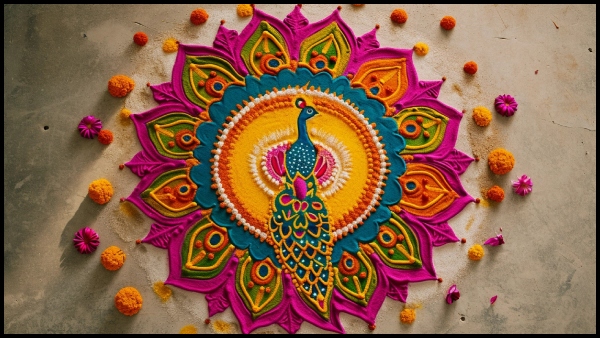 AI Generated Simple And Beautiful Peacock Rangoli Kolam In Tamil