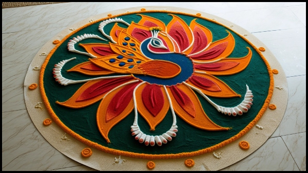 AI Generated Simple And Beautiful Peacock Rangoli Kolam In Tamil