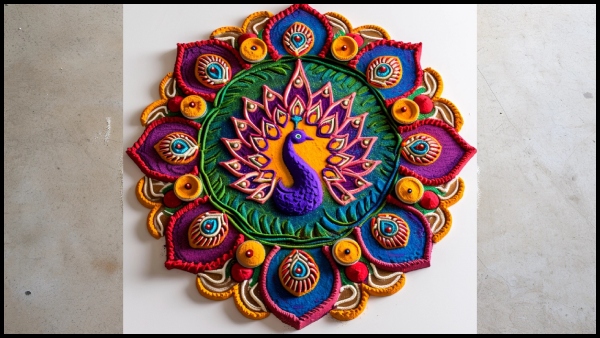 AI Generated Simple And Beautiful Peacock Rangoli Kolam In Tamil