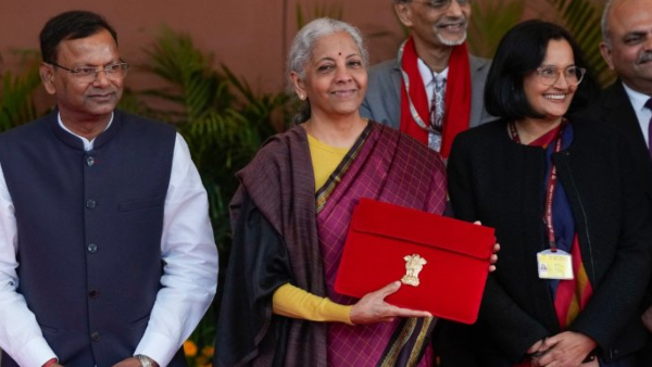 Budget 2026 Finance Minister Nirmala Sitharaman Wears Purple Kattam Kanjeevaram Saree