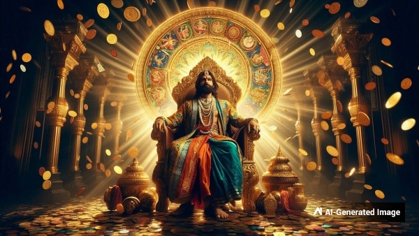 man in hindu king look sit in throne behind zodiac wheel in bright background