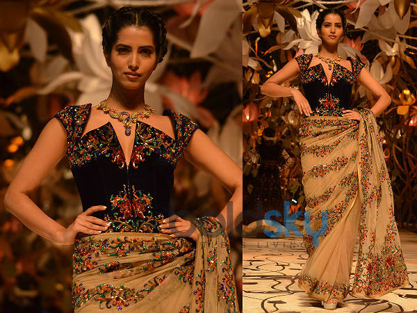 గోల్డెన్ శారీ విత్ మల్టికలర్ ఎంబ్రాయిడరీ: