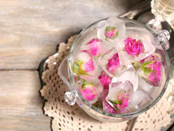 గులాబీ రేకులతో చేసిన ఐస్ క్యూబ్స్