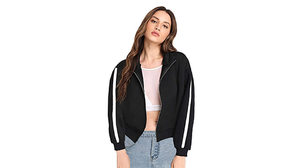 మహిళల కోసం ఫ్యాబ్రిక్ కార్న్ బ్లాక్ కాటన్ ఫ్లీస్ కాలర్ జిప్పర్ జాకెట్ స్వీట్ షర్ట్