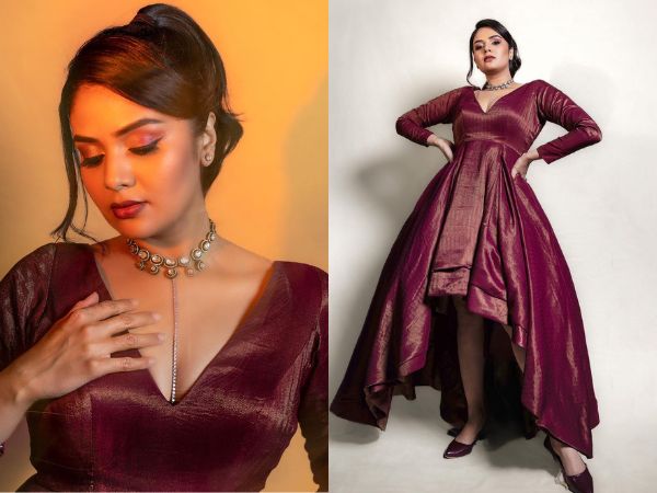 Anchor Sreemukhi Mesmerizing Looks In Maroon Color Dress