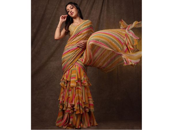 Actress Neha Shetty Beautiful Looks In Multicolor Layered Saree