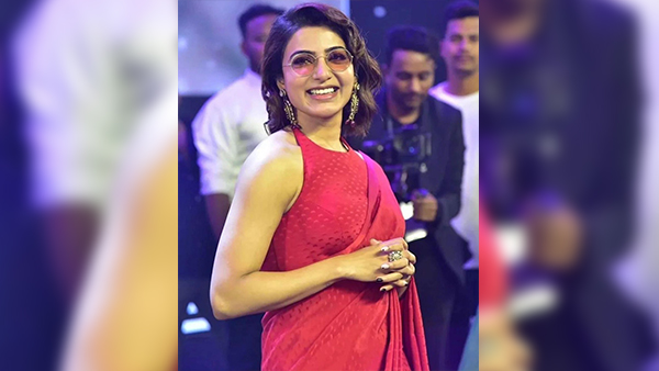 Samantha Ruth Prabhu Stunning Looks in Red Saree Designed by Sabyasachi At Kushi Musical Night in Telugu