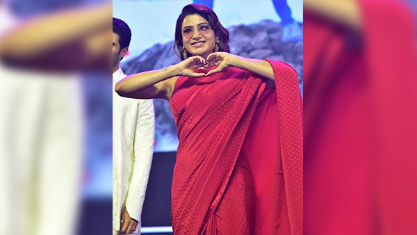 Samantha Ruth Prabhu Stunning Looks in Red Saree Designed by Sabyasachi At Kushi Musical Night in Telugu