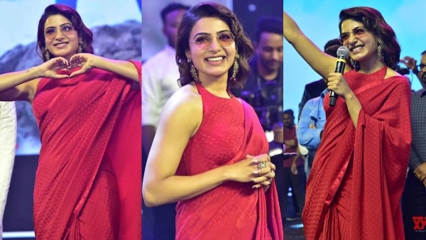 Samantha Ruth Prabhu Stunning Looks in Red Saree Designed by Sabyasachi At Kushi Musical Night in Telugu