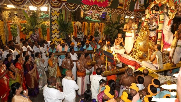 As part of Navratri Brahmotsavam in Tirumala, Malayappa Swamy procession on swan vehicle on Monday night.