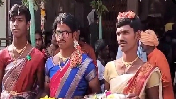 Men wear sarees and jewelry and perform Rati Manmatha Pooja