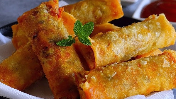 Perfect evening snack how to make restaurant style spring rools recipe at home in telugu