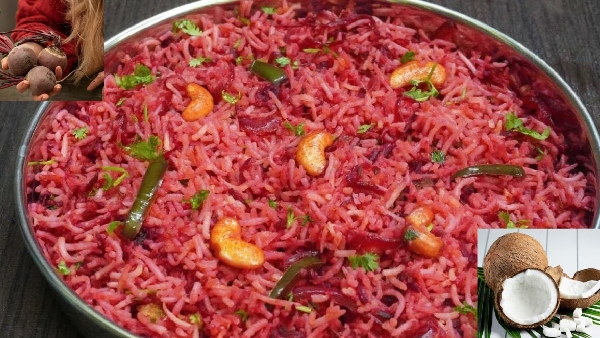 Healthy Tasty and Quick Power Packed Lunch Coconut Beetroot Rice Recipe in Telugu
