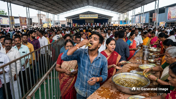 Every year in Hyderabad on June 8th on the day of Mrigasira Karte fish prasadam is distributed The interesting story behind it is