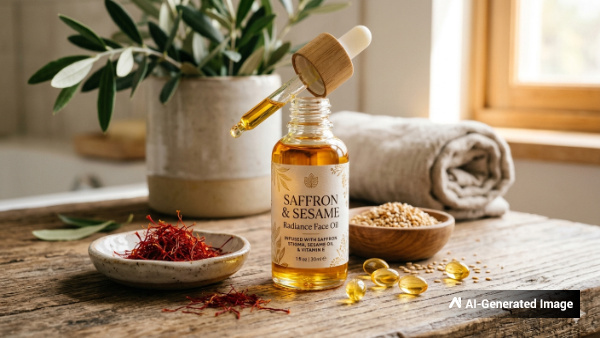 Home made face oil with cold pressed sesame oil and saffron for glowing skin Home made face oil with cold pressed sesame oil and saffron for glowing skin