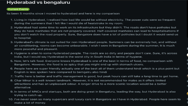 Hyderabad vs Bengaluru employee compares lifestyle and facilities in both cities
