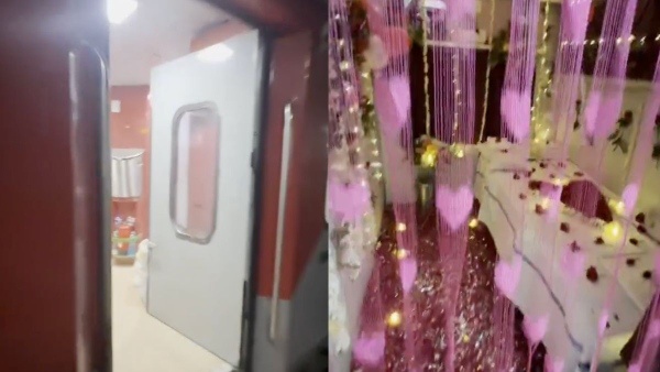 A cabin in first ac coach on a movie train transformed into a honeymoon setup room A cabin in first ac coach on a movie train transformed into a honeymoon setup room