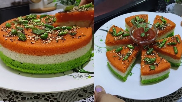 Independence day special breakfast recipe tiranga cake or dhokla in idli steamer