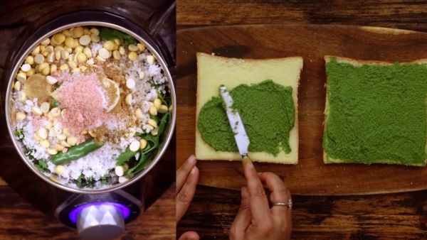 Chutney cheese sandwich with mint leaves for healthy breakfast
